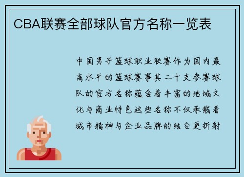 CBA联赛全部球队官方名称一览表
